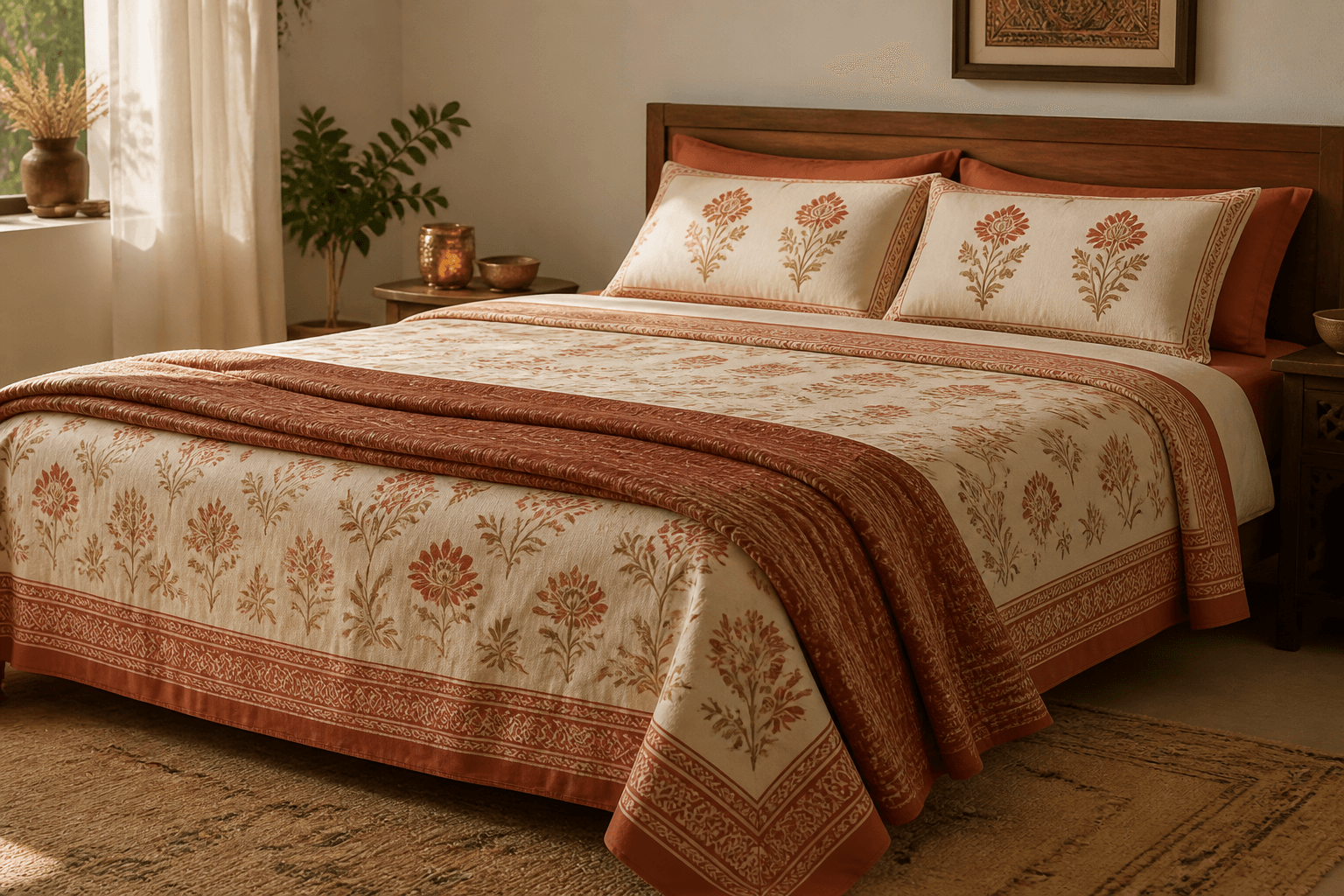 Made bed dressed in an ivory and terracotta cotton bedspread
