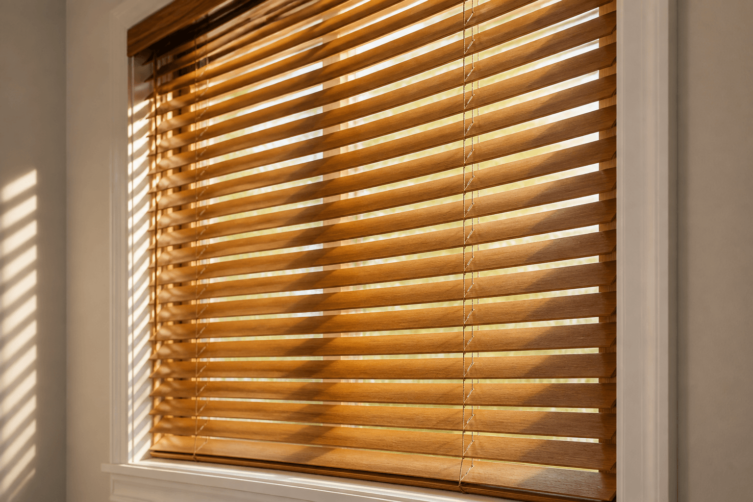 Honey oak wooden Venetian blinds with sunlight striping through the slats