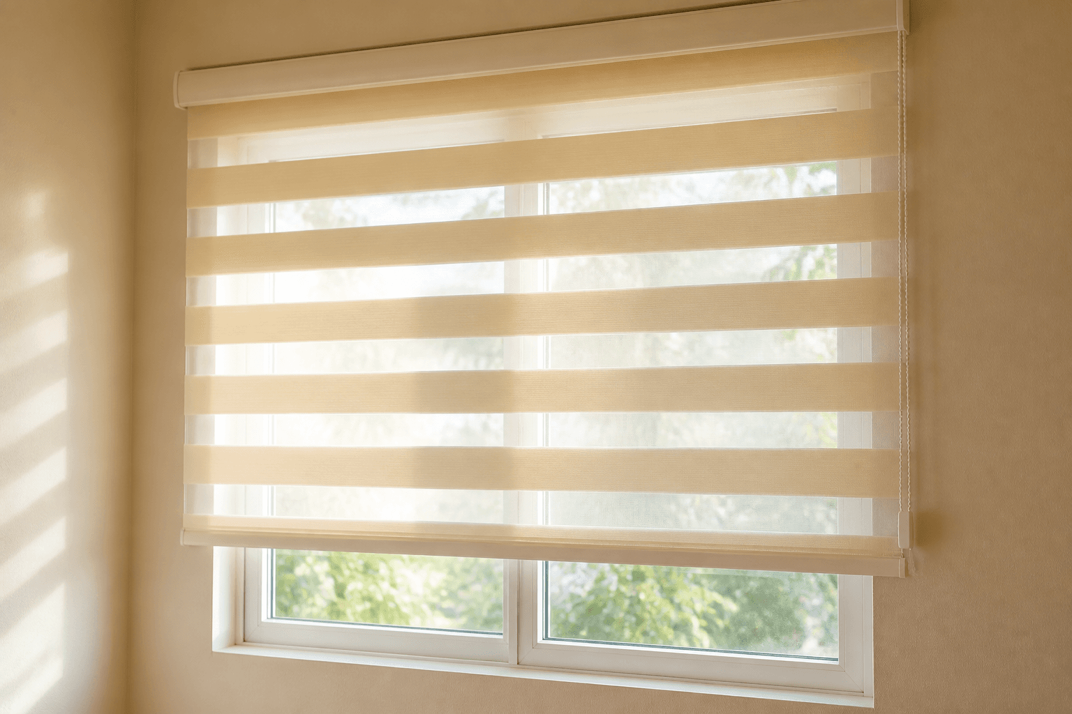 Zebra dual-layer blinds with alternating cream and sheer stripes