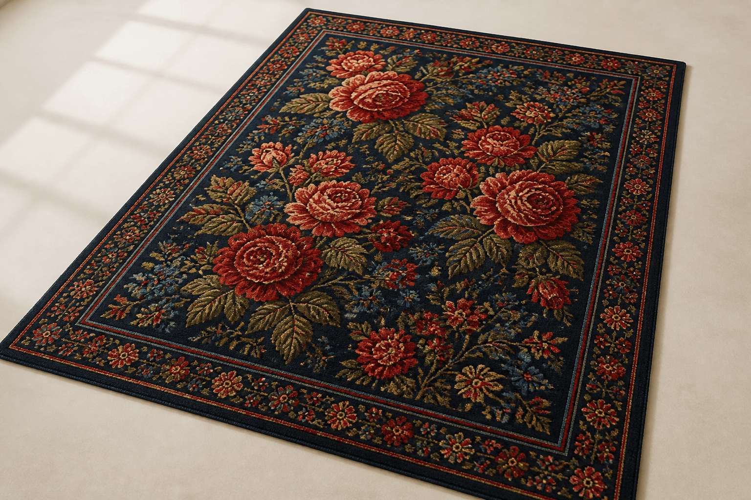 Navy floral carpet with large red roses and green leaves