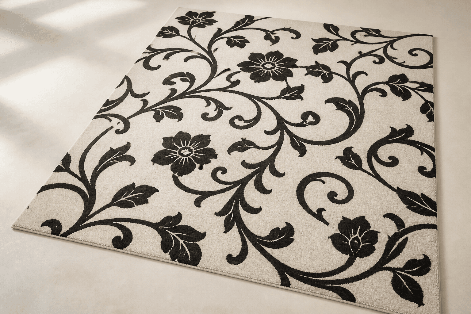 Ivory carpet with a large black floral scrollwork pattern