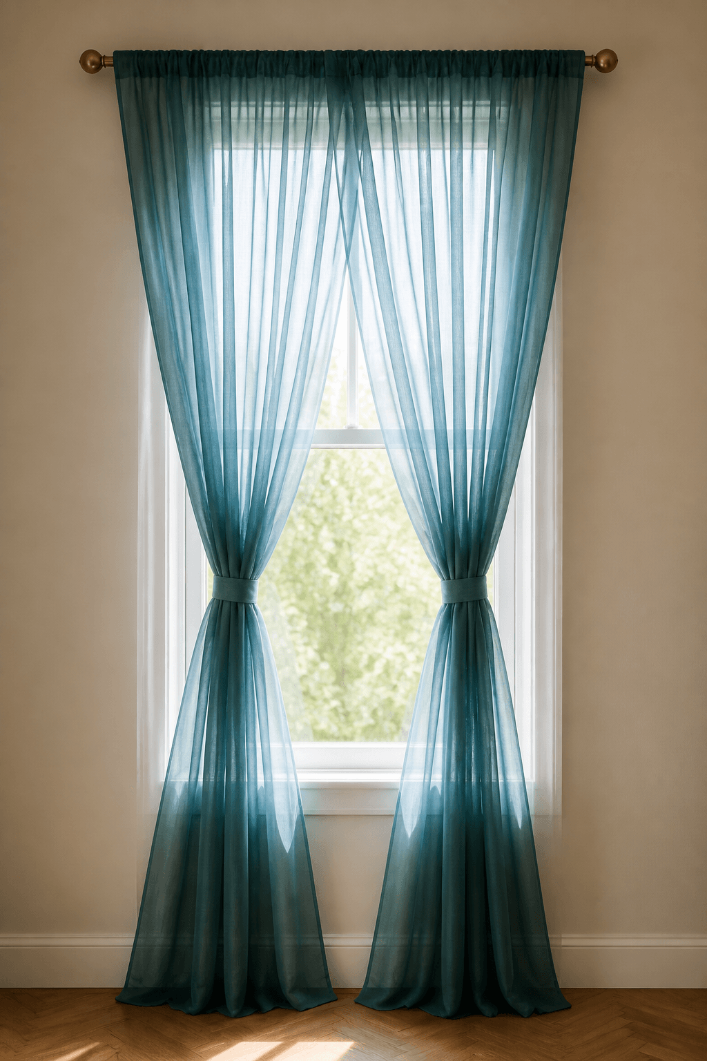 Teal sheer curtains tied at the middle over a bright window