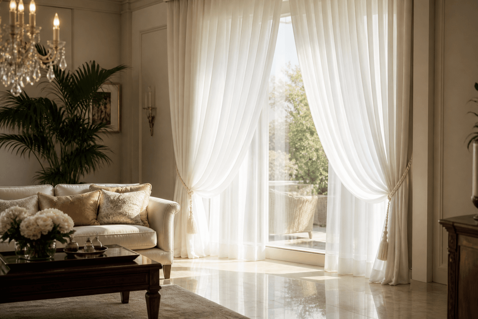 Voluminous white sheer curtains tied back beside a tall sunlit window