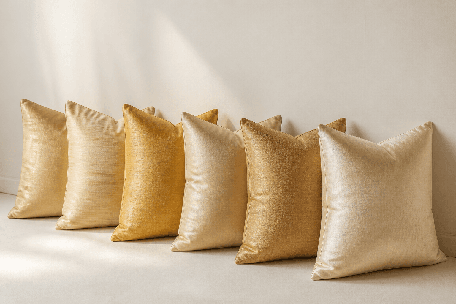 Row of gold and champagne rectangular silk-linen cushions