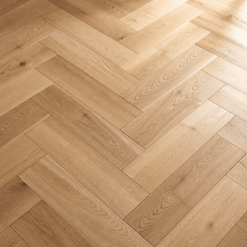 Light oak herringbone parquet flooring in close-up