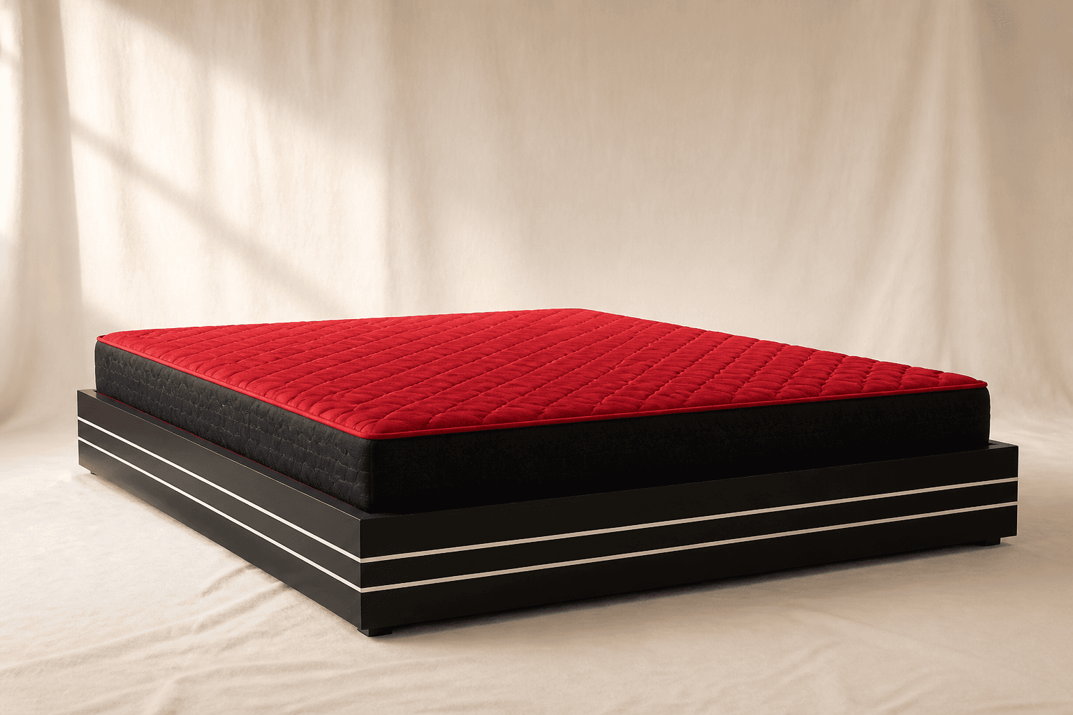 Black platform bed with a thick crimson mattress in a bright bedroom