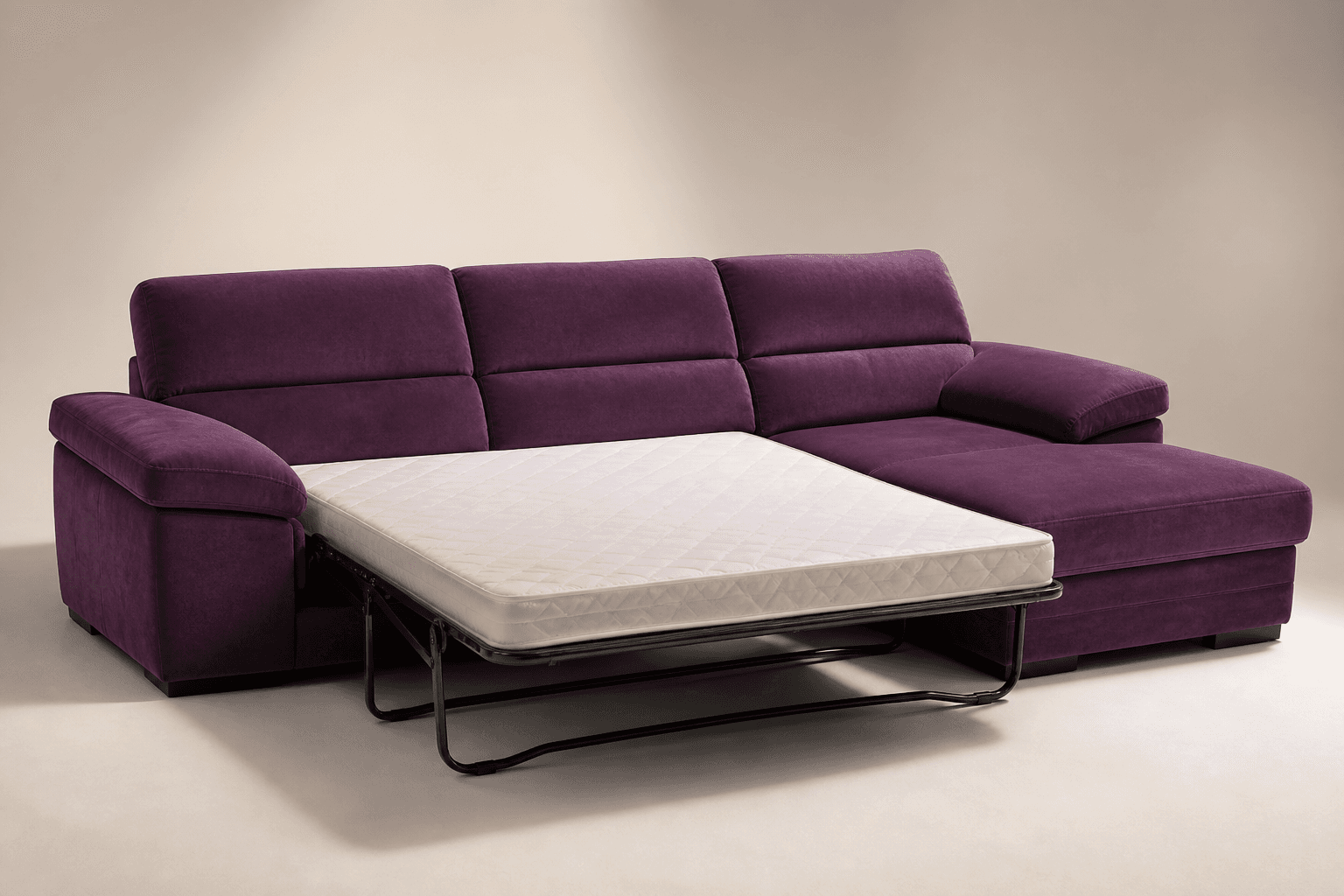 Plum L-shape sofa sleeper with the pull-out bed extended