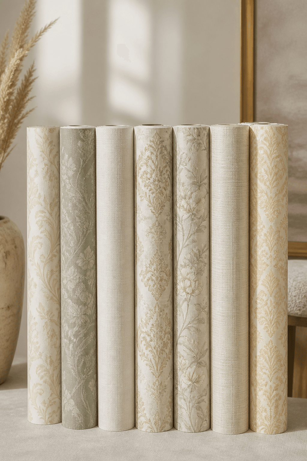 Wallpaper rolls standing together, showing damask, floral and linen textures