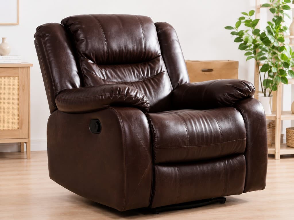 Whitfield glider recliner in espresso leather beside a cane sideboard