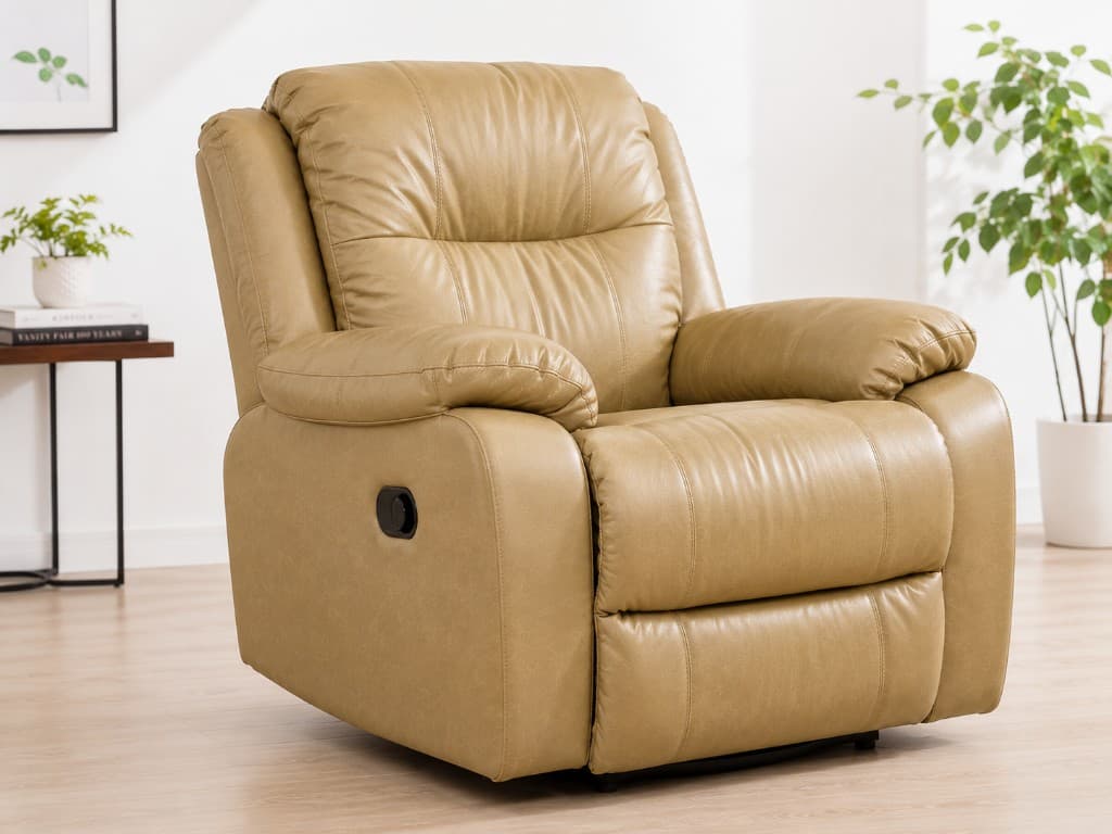 Pemberton recliner armchair in sand leather in a plant-filled room
