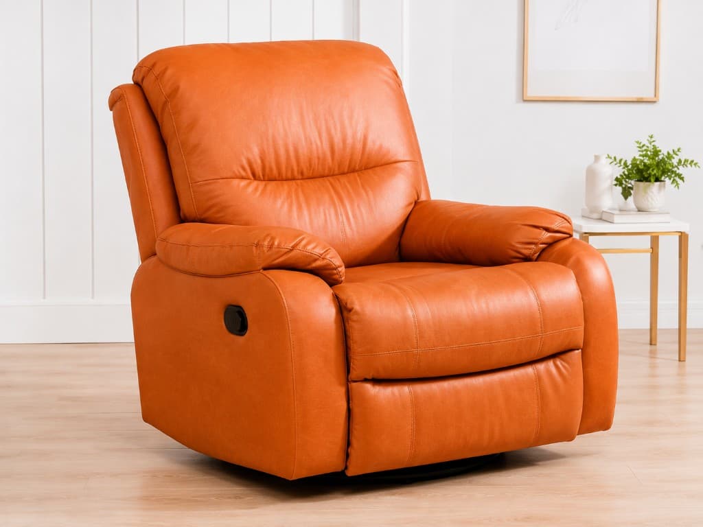 Carlton swivel recliner in amber leather on a pale wood floor